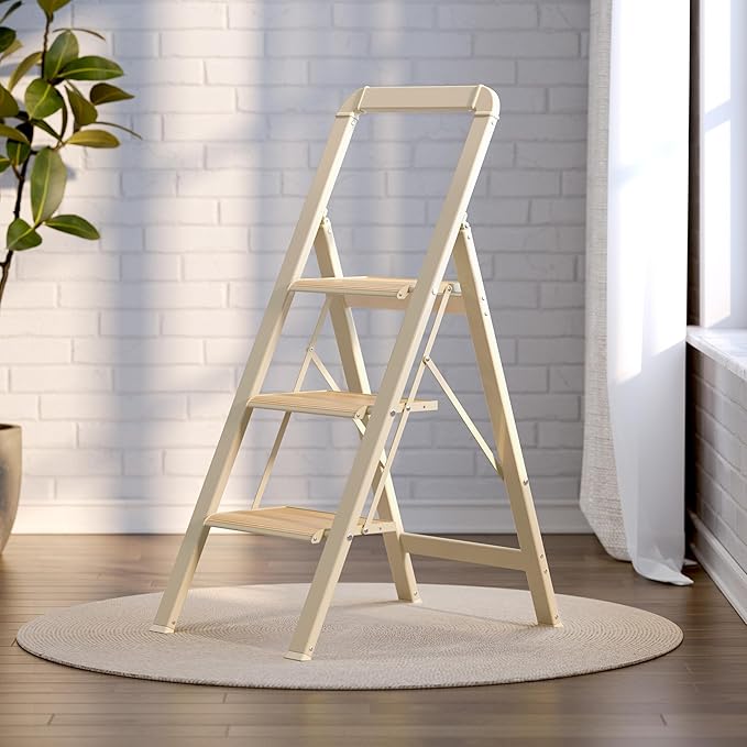 3 Step Ladder, Folding Step Stool with Wide Anti-Slip Pedal, 450lbs Sturdy Steel Ladder, Convenient Handgrip, Lightweight, Steel Step Stool