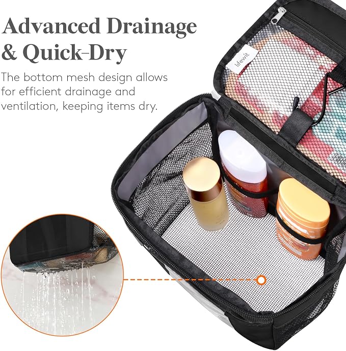 Lifewit Mesh Shower Caddy Bag Portable, Quick Dry Hanging Bathroom Organizer with PVC Phone Bag, College Dorm Room Essentials for Travel, Gym, Camping, Toiletry Tote for Women Men, Medium, Black
