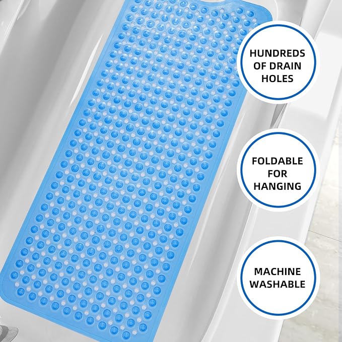 ZHICHENG Bath Tub and Shower Mats, Non-Slip 39 x 16 Inch Extra Long Bath Mat, Machine Washable Bathtub Mat with Drain Holes, Suction Cups for Bathroom (Colour Blue)