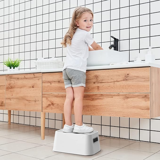 UNCLE WU Step Stool for Kids and Adults – Non-Slip Toilet Squatting Stool, 200 lbs Capacity, Potty Training Step Stool for Toddlers, Better Posture Bathroom & Sink Use(Gray White)