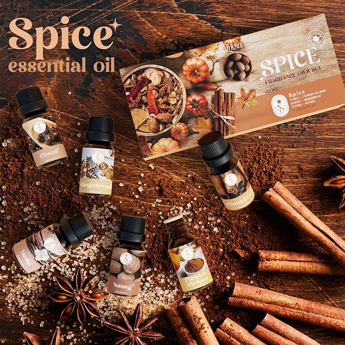 Soulorigin Autumn Spice Essential Oils Set – Cozy Fall Fragrance Oils for Diffuser & Candle Making – Cinnamon, Vanilla, Pumpkin Pie, Nutmeg, Clove, Gingerbread – Warm Home Aroma & Gift Set