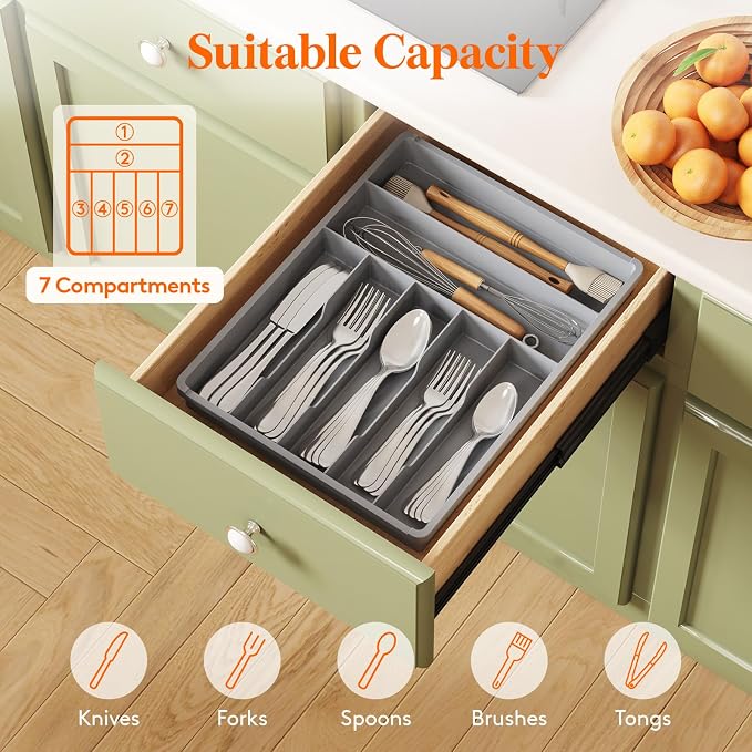 Lifewit Silverware Drawer Organizer Tray, Plastic Cutlery Storage for Kitchen, Flatware and Utensil Holder Divider for Spoons Forks Knives Tableware, 12.3 x 16", 7 Slots, Gray