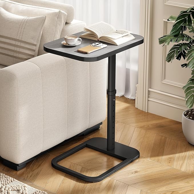 Kitstorack Upgraded TV Tray Table with Panel Lock, 90° Flip-Over Design & Adjustable Height, Sofa Arm Side Table for Eating, Laptop, Couch, Bed, or Small Spaces, Dark Gray