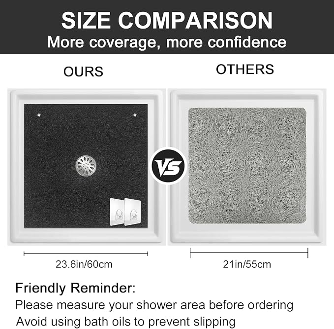 Extra Large Square Shower Mat for Inside Shower, 24 x 24 Inch Shower Floor Mat with Center Drain Hole, Designed for Walk-in Showers, Non-Slip Loofah Mat with Wide Coverage for Stable Standing
