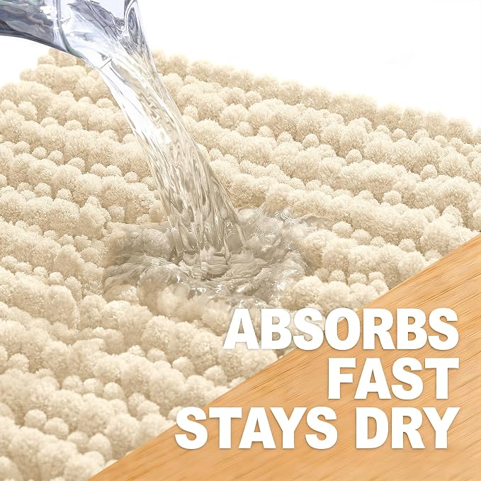 OLANLY Bathroom Rug Mat 24x16, Thick Soft and Absorbent Chenille Bath Mat, Non-Slip Rubber Backing, Machine Washable Quick Dry Bath Rugs for Tub Shower Floor, Home Decor Accessories, Beige
