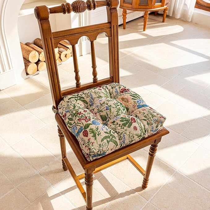 vctops Farmhouse Floral Print Chair Cushions with Ties U-Shaped Soft Comfortable Chair Pads Non Slip Seat Cushions for Indoor Dining Room and Kitchen Chairs (Flower H,18"x18")