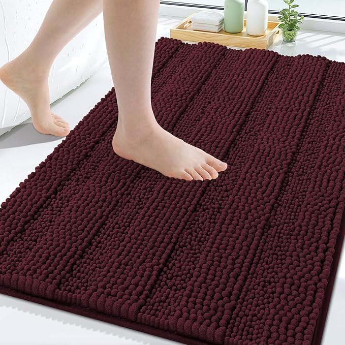 Grandaily Chenille Striped Bathroom Rugs 30x20, Extra Thick and Soft Absorbent Bath Mats, Rubber Backing, Plush Shaggy Shower Carpet, Machine Wash Dry, Bath Rug for Bathroom, Black Cherry