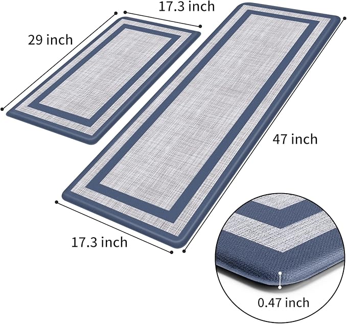 Mattitude Kitchen Mats Set of 2 Cushioned 0.47 inch Kitchen Rugs Non-Skid Rug Sets Ergonomic Comfort Standing Mat for Kitchen, Floor, Office, Sink, Laundry, Blue and Gray