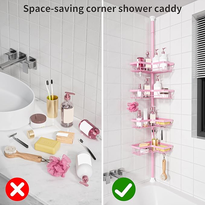 KEGII Shower Caddy Tension Pole, 4-Tier Rustproof Adjustable Corner Bathroom Organizer for Renters, 25–114.2 Inch No Drill Space-Saving Shower Storage Rack, Pink