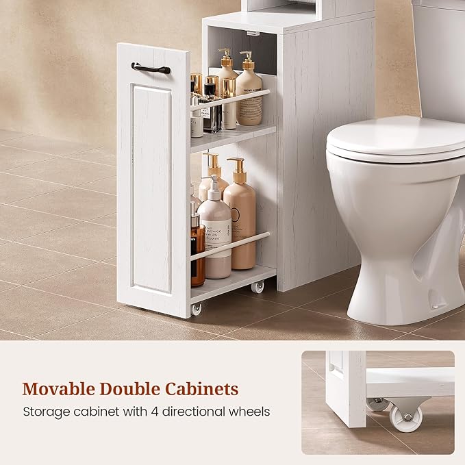 UPOSOJA Farmhouse Over The Toilet Storage Cabinet with Pulley Small Bathroom Storage Cabinet, Space Saver W/Adjustable Shelf & Open Shelf for Bathroom, Restroom, Laundry (White Brown-Type B)