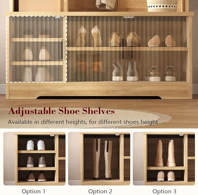 CSZZD Hall Tree with Bench and Shoe Storage, Fluted Entryway Bench with Coat Racks and Led Lights, 69" Tall Wood Hall Tree with 7 Coat Hooks, 6 Storage Cubbies, Adjustable Shelf