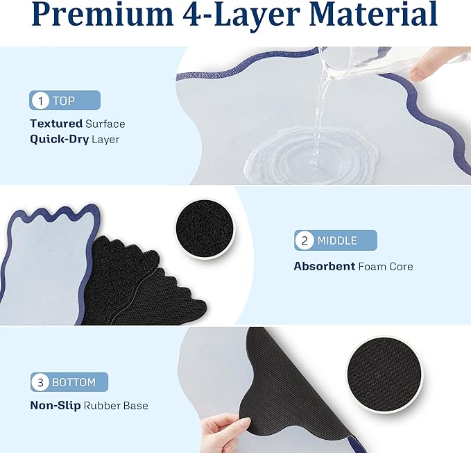 Scalloped Dish Drying Mat for Kitchen Counter, Absorbent Easy Clean Non-slip Coffee Bar Station Accessories, Trendy Cute Aesthetic Modern Drainer Kitchen Drying Mat, Navy Blue 12" x 19"