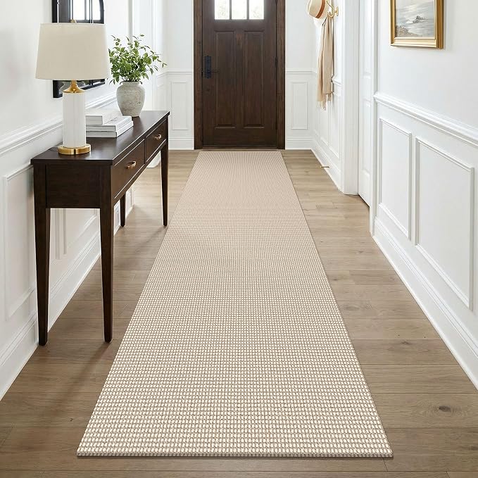 KOZYFLY Cotton Runners for Hallway 3x9, Wide Washable Runner Rug, Woven Non Slip Kitchen Runner, Braided Entryway Rug, Floor Carpet for Foyer, Bedroom, Hall, Ivory/Camel/Brown