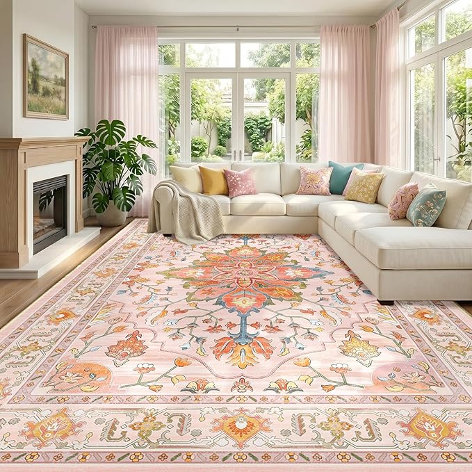 RELEANY Area Rugs Large 10'x14' Washable Non-Slip, Floral Vintage Distress Medallion Carpet for Living Room Bedroom Dining Room, Light Pink Colorful