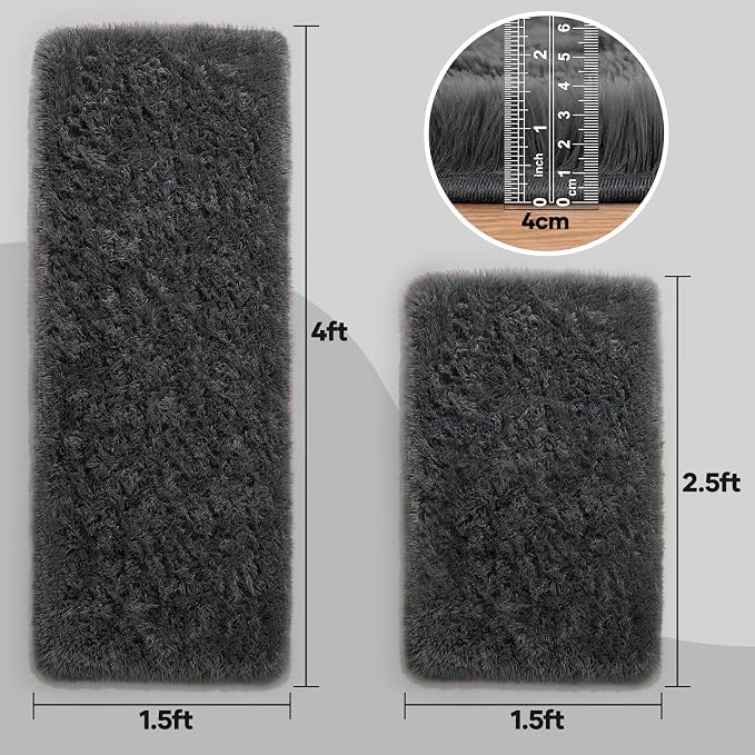 Ophanie Small Rug Washable Non Slip Throw Bedside Area Rugs, Fluffy Soft Mini Bedroom Carpet, 1.5x2.5 and 1.5x4 Rug Set, 2 Piece Grey