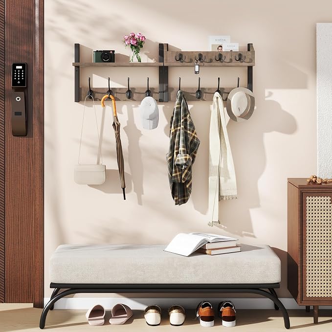 YMYNY 31.5" Coat Rack Wall Mount with Shelf, 4 in 1 Key and Coat Hanger with 12 Metal Hooks, Wall Shelf with Hooks & Mail Holder for Living Room, Bedroom, Silver Gray, HWS007Y-2
