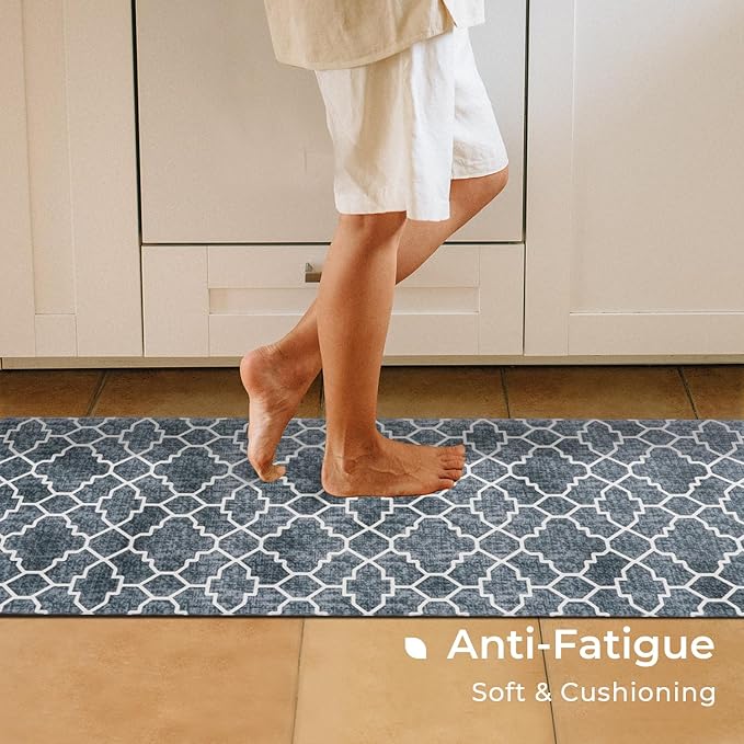 FRESHMINT Kitchen Mat Set of 2, Anti-Fatigue Cushioned Kitchen Mats for Floor, Waterproof Non Slip Comfort Standing Mat, Boho Kitchen Rug for Kitchen Decor, Sink, Office, 17"x30"+17"x47", Navy Blue