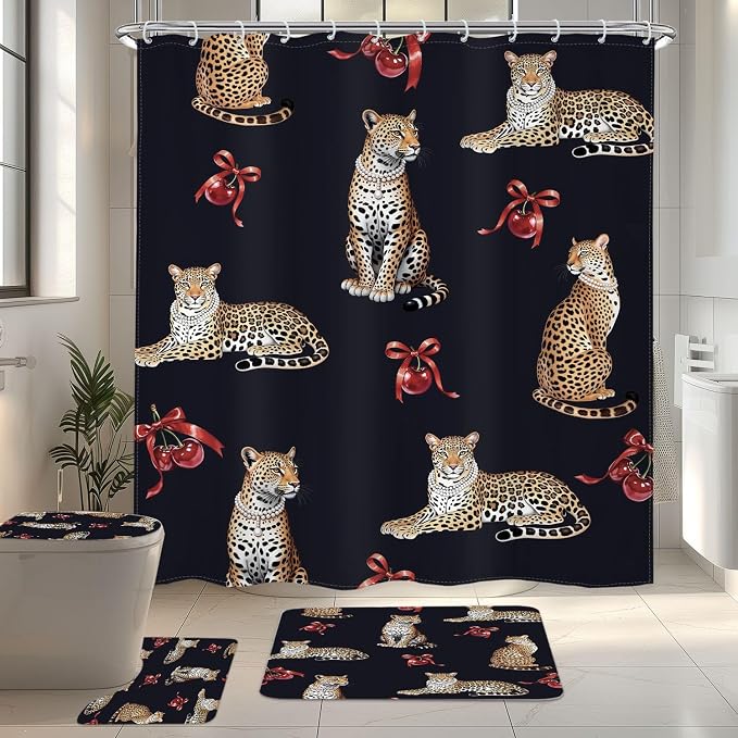 4 PCS Leopard Shower Curtain Set 72Wx72H,Toilet Lid Cover,Non-Slip Rugs and U-Shaped Mat,Cherry Bows Girly Wild Bathroom Sets with Rugs Shower Accessories 12 Hooks for Bathroom Decor