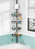 KEGII Shower Caddy Tension Pole - Adjustable Rustproof Corner Bathroom Organizer with Fogless Shower Mirror, 25–114.2 Inch No-Drill Bathroom Storage, Black