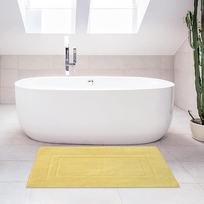 Feather & Stitch 2 Piece Towel Like Bath Mats (30x21 Inch) 100% Cotton Terry Bath Mats, Bathroom Shower Floor Mats [NOT A Bathroom Rug], Soft Absorbent Washable Mats - Yellow