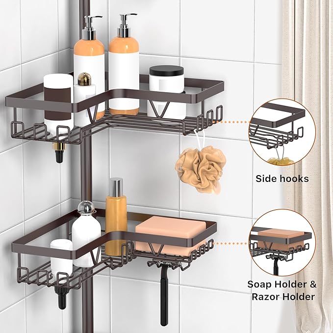 KEGII 4-Tier Corner Shower Caddy Tension Pole - Waterproof Shower Rod Organizer, Floor to Ceiling Tension Rod 25-114.2 inch, Stainless Steel Corner Shower Shelf, Bronze