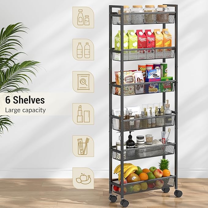 ThreeHio 6 Tier Slim Storage Cart, Narrow Cart with Wheels, Metal Mobile Shelving Unit Organizer for Kitchen, Bathroom, Laundry Room, Living Room & Narrow Spaces, Black, 6in(W)