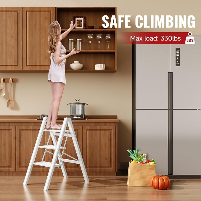 3 Step Ladder, Aluminum Folding Step Stool with Anti-Slip Sturdy and Wide Pedal, Lightweight Portable Stepladder for Home and Kitchen Use Space Saving, Cream White, 330 lbs