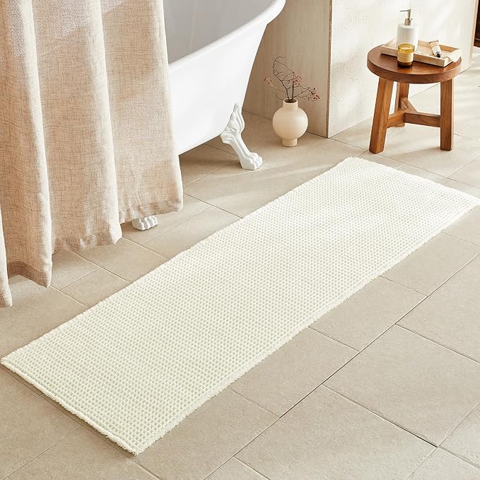 TYUU Cream White Long Bathroom Rugs, Waffle Runner Rug Bathroom Non Slip Washable Super Absorbent Quick Dry Boho Farmhouse Bath Mat, 72"x24" Cream White
