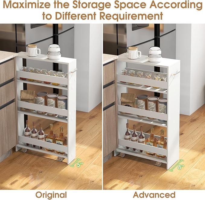 Giantex 4 Tier Rolling Slim Storage Cart, 8" Narrow Slide Out Kitchen Cart w/Handle & Open Shelves, Space-Saving Compact Mobile Utility Trolley for Small Space Laundry Room (White)