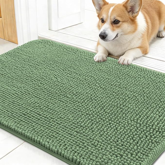 OLANLY Dog Door Mat for Muddy Paws 30x17, Absorbs Moisture and Dirt, Absorbent Non-Slip Washable Doormat, Quick Dry Chenille Mud Mat, Entry Indoor Entryway Carpet for Inside Floor, Olive Green