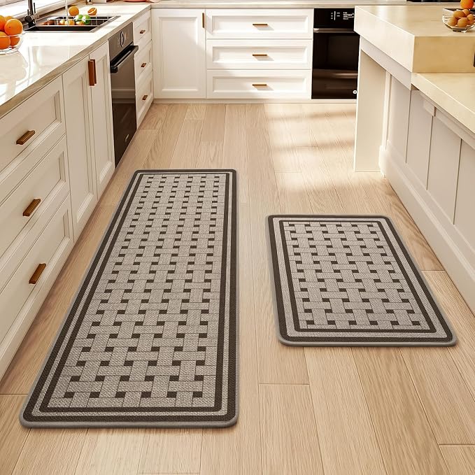 Kitchen Mats for Floor, 17''x30''+17''x47''Kitchen Rugs Set of 2, Washable Absorbent Non Slip Kitchen Mat, Braided Kitchen Runner Rug, Kitchen Sink Rug, Brown