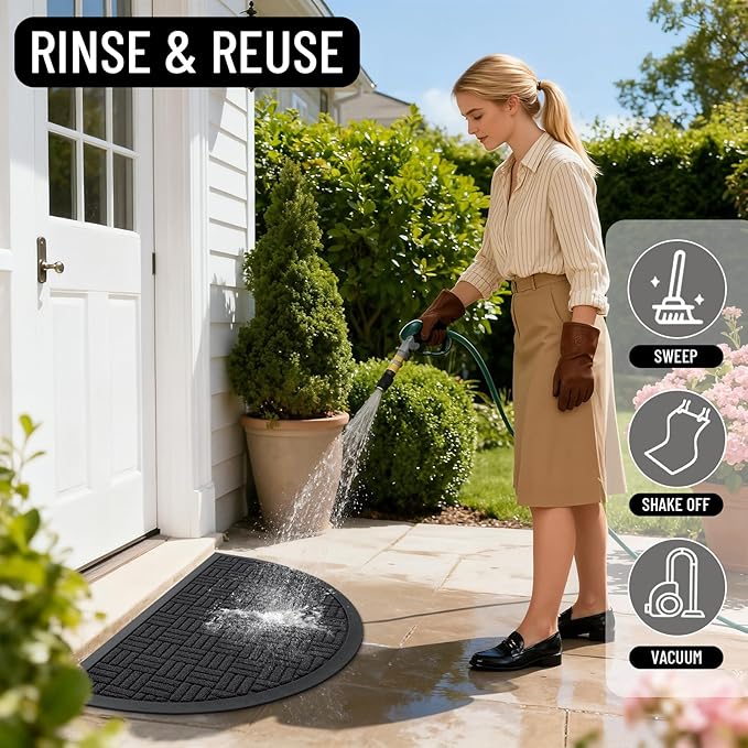 OLANLY Half Circle Door Mat Outside Entrance 29.5x17, Absorbent, Heavy Duty Sturdy Natural Rubber Doormat Indoor Outdoor, Fade Resistant, Non-Slip Backing Low Profile Floor Mat for Entryway, Black