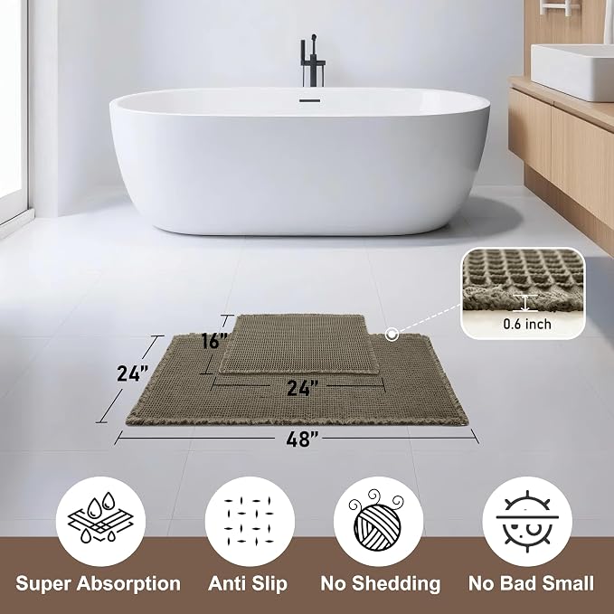 JIUZHEN Set of 2 Waffle Bath Mats Non Slip Waffle Bathroom Runner Rug Washable Boho Runner Bath Rugs Super Absorbent Shower Mat for Bathroom Kitchen Hallway Laundry, 16" x 24" +24" x 48", Olive Green