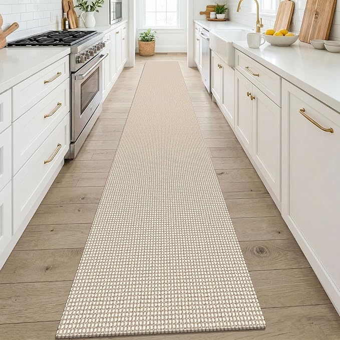 KOZYFLY Cotton 2x14 Runners Rugs for Hallway, Long Washable Runner Rug, Woven Non Slip Kitchen Runner, Flatweave Entryway Rug, Floor Carpet for Entry, Aisle, Hall, Ivory/Camel/Brown