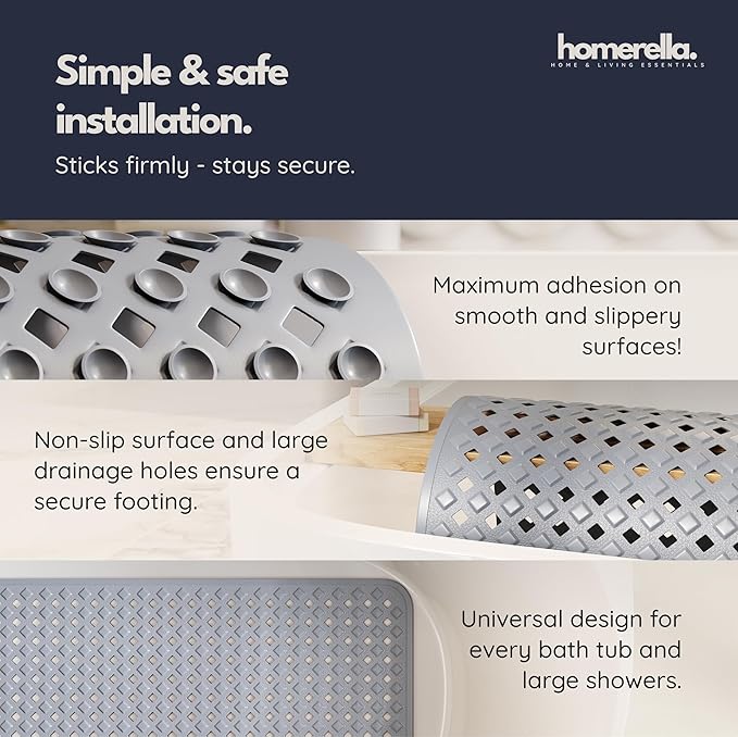 Bathtub Mat Non Slip 28x16 - homerella® Bath Mat Incl. Hooks for Drying, 100% BPA Free, Shower Mat Non Slip Anti Mold, Machine Washable, Shower Mats for Inside Shower Mildew Resistant (Grey)