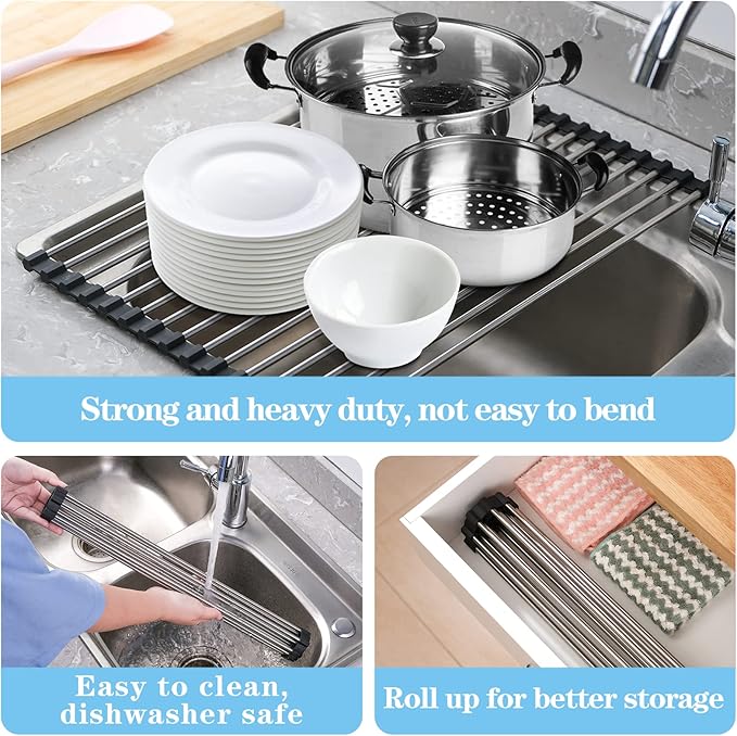 Seropy Roll Up Dish Drying Rack Over the Sink Drying Rack for Kitchen Counter, Rolling Dish Rack Over Sink Mat, Foldable Dish Drainer Stainless Steel Rack Kitchen Organization Gadgets 17.5"x11.8"