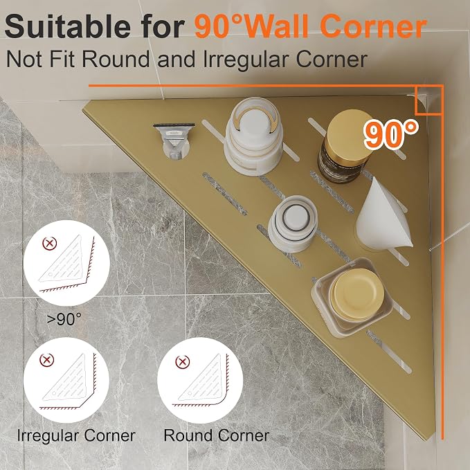 2 Pack Gold Corner Shower Shelves, 304 Stainless Steel Corner Wall Mounted Bathroom Organizer Caddy with Razor Slot, 10’’ Rust-Proof Floating Shelf for Shower Storage (Fits 90° Tile Walls,Holds 15lbs)