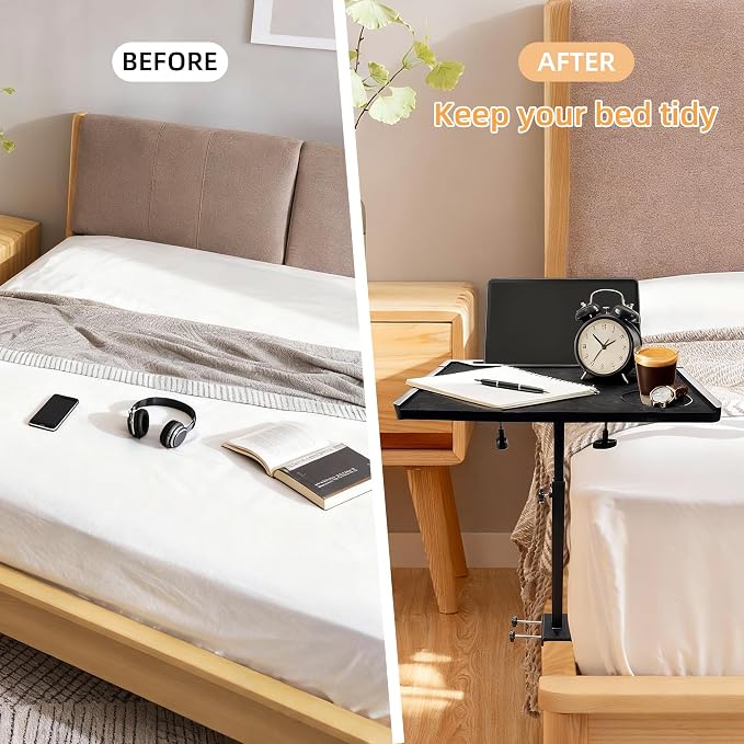Adjustable Bedside Shelf for Bed, College Dorm Room Essentials, Bamboo Bed Side Tray Table with Sturdy Metal Pole, Clip On Nightstand Organizer for College, Apartment, Bunk Beds