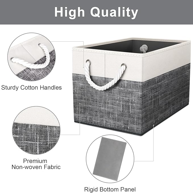 Fab totes Storage Bins 3-Pack, Foldable Storage Baskets for Organizing Toys, Books, Shelves, Closet, Large Storage Box with Rope Handles, Sturdy Organizer Bins, White & Black