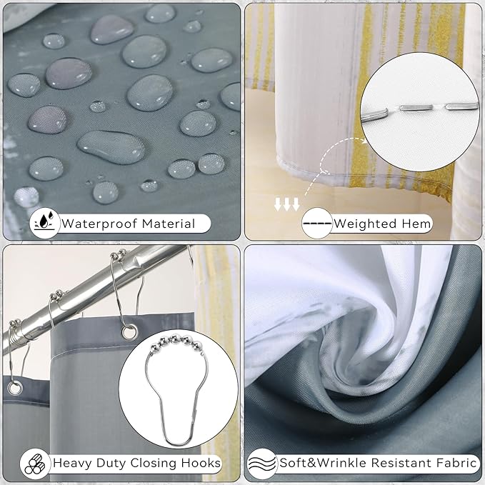 XLHOMO Bathroom Set - Grey and Gold Bathroom Accessories Set, Bathroom Sets with Shower Curtain and Rugs, Grey Shower Curtain Set with Bathroom Trash Can, Soap Dispenser, Soap Dish for Home Decor