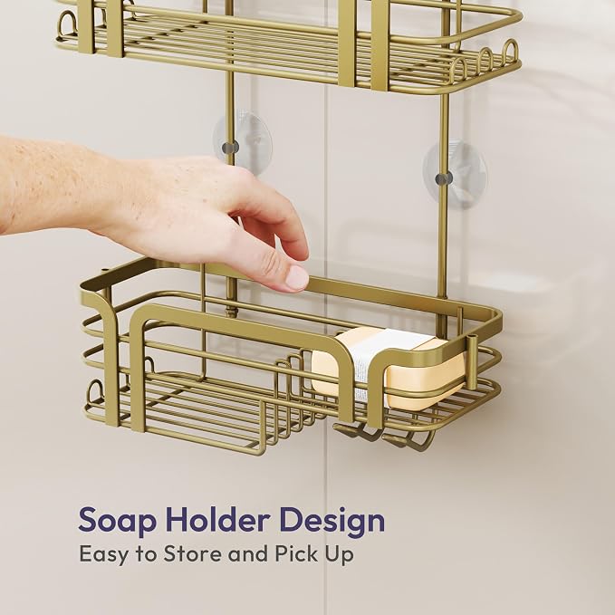 SWTYMIKI Shower Caddy Hanging Organizer - Over the Door Shower Caddy with Soap Holder, 11 Hooks, 2 Installation Ways, Stainless Steel Rustproof Bathroom Organizer, Gold