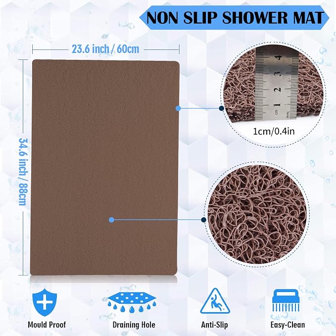 godehone Shower Mats Non Slip Without Suction Cups, PVC Loofah Bathroom Mats, Loofah Mats for Shower and Bathroom, Quick Drying, 23.6× 34.6 Inch, Brown