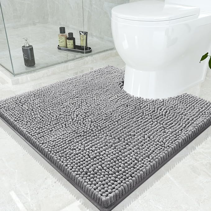 Smiry Luxury Chenille Toilet Rugs U-Shaped 24x24, Soft Absorbent Non-Slip Contour Bathroom Rugs for Toilet, Machine Washable Contoured Bath Mats, Grey