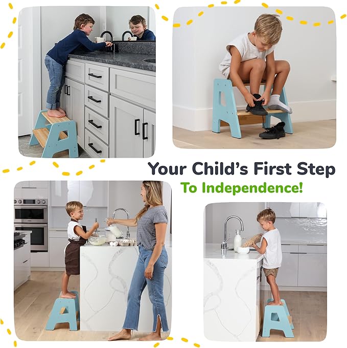OCODILE 2-Step Wooden Step Stool for Toddlers | Kids Stool for Bathroom Sink & Kitchen Use | Non-Slip Step | Wooden Stool for Children Ages 2+ Years Blue