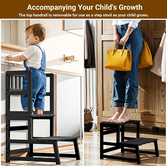 COSYLAND Toddler Step Stool with Armrest – Wooden Helper for Bathroom Sink, Potty, Kitchen, Bedroom – 300 lbs Load Capacity Ladder with Removable Anti-Fall Side Frame – Black