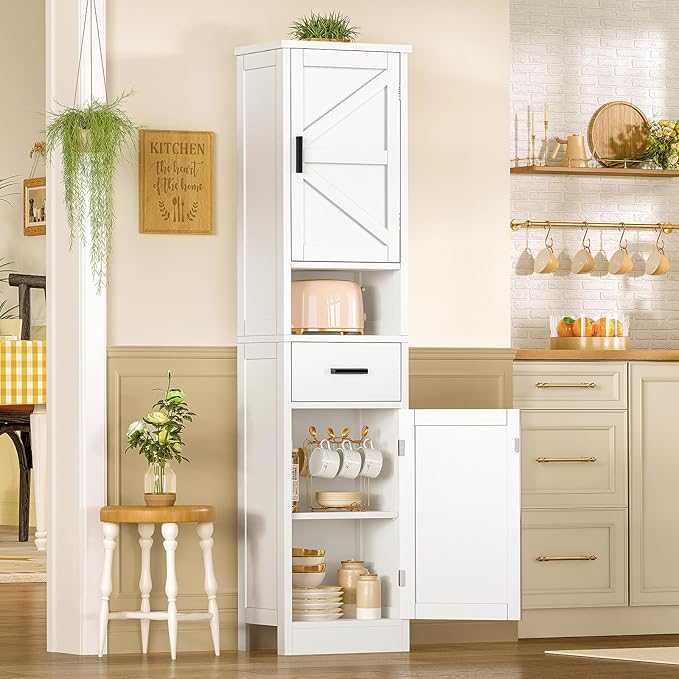 TEENFON 67" H Bathroom Storage Cabinet with Barn Doors & Adjustable Shelves, Bathroom Cabinet with Drawer, Narrow Bathroom Storage Unit, Floor Cabinets for Living Room, Kitchen, White