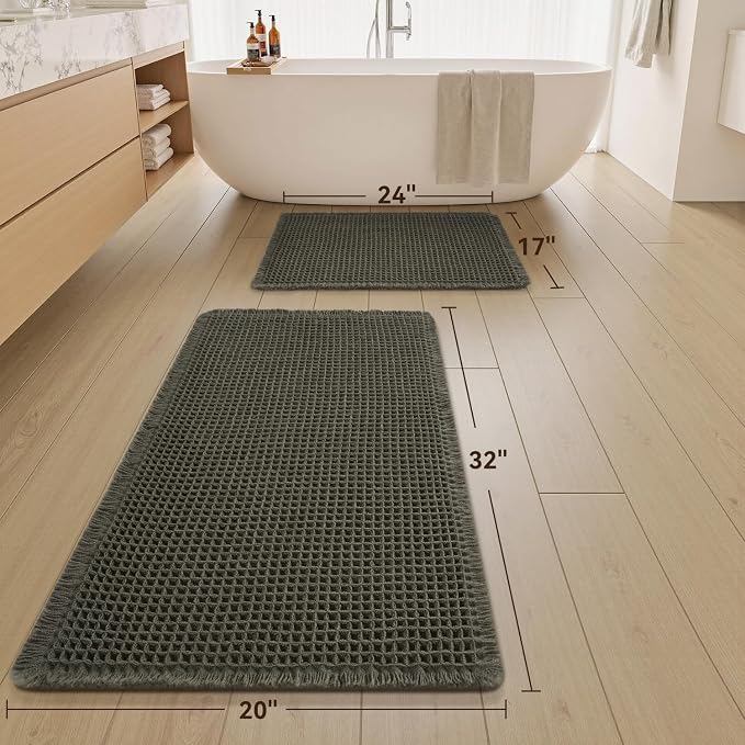 Upgraded Waffle Bath Mat Set of 2, Super Absorbent Non Slip Bath Mats for Bathroom Floor, Washable Boho Bathroom Rugs Set 2 Pieces with Tassels, Soft Bathroom Mat Set, Green, 17" x 24" Plus 20" x 32"