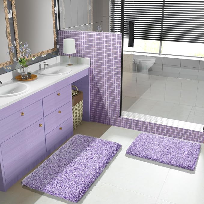 Yimobra Bathroom Rugs Non Slip Washable 36X24, Ultra Soft and Water Absorbent Bath Mats, Plush Fluffy Shower Mat Outside, Luxury Microfiber Thick Matts for Bathroom Floor/Tub, Purple and White