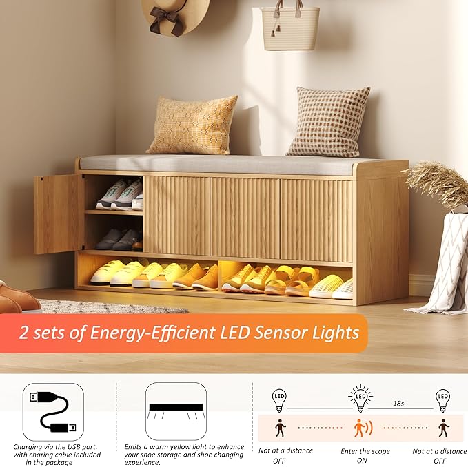HOMEFORT 47.2" Fluted Shoe Storage Bench, Entryway Bench with Linen Seat Cushion, Shoe Cabinet Bench with Adjustable Shelf and Built-in LED Sensor Light, Bench for Bedroom End of Bed, Natural Oak