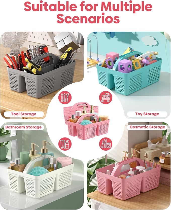 4 Pack Portable Shower Caddy, Integrated Handle, Reinforced Plastic, Organizer Storage Bathroom Supplies and Beauty Products, Cleaning Supplies, Shower Basket for Home, Dorm, Shelf and Cabinet